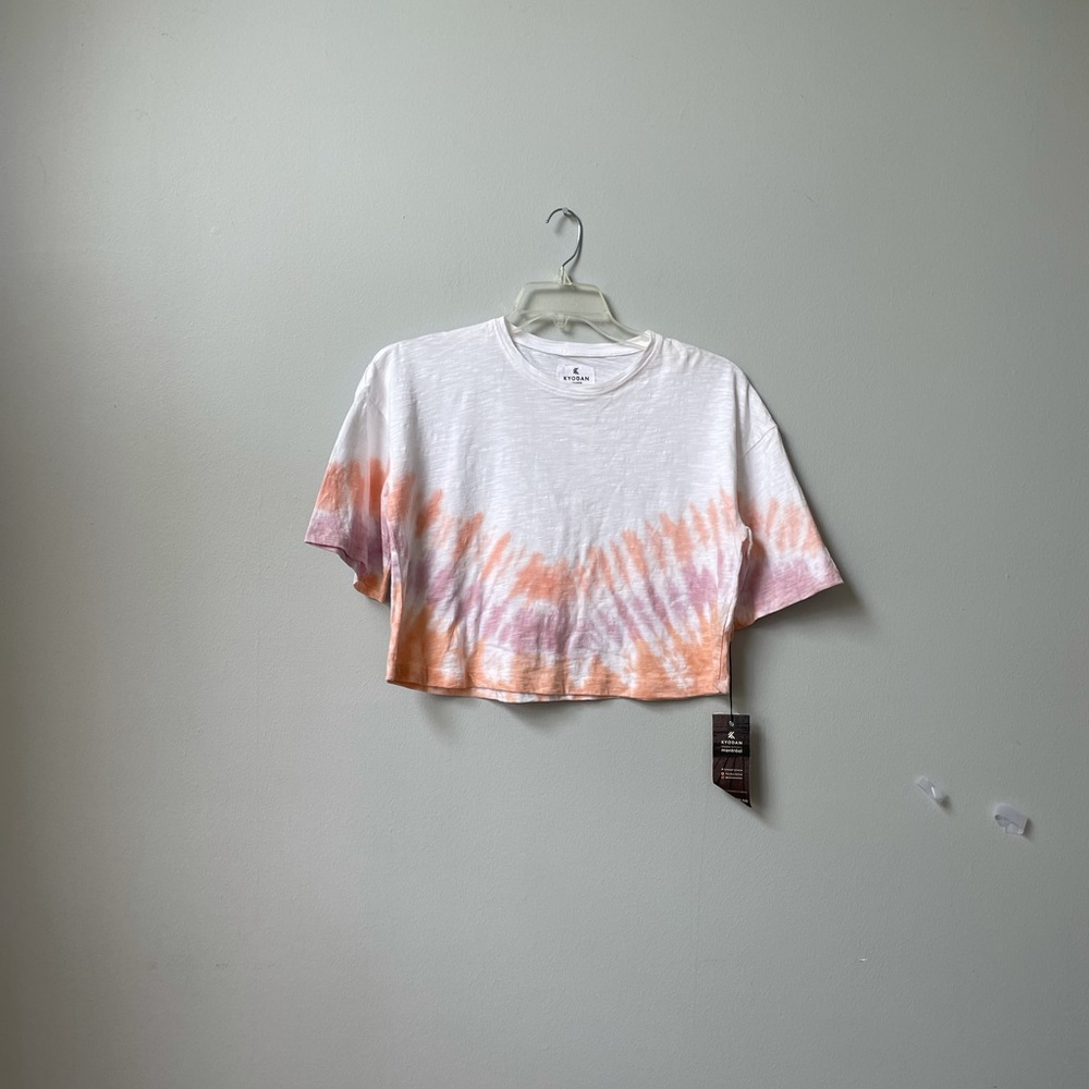 Kyodan NWT White/tangerine snd purple tie dye design cropped t-shirt. Size M - Picture 3 of 7
